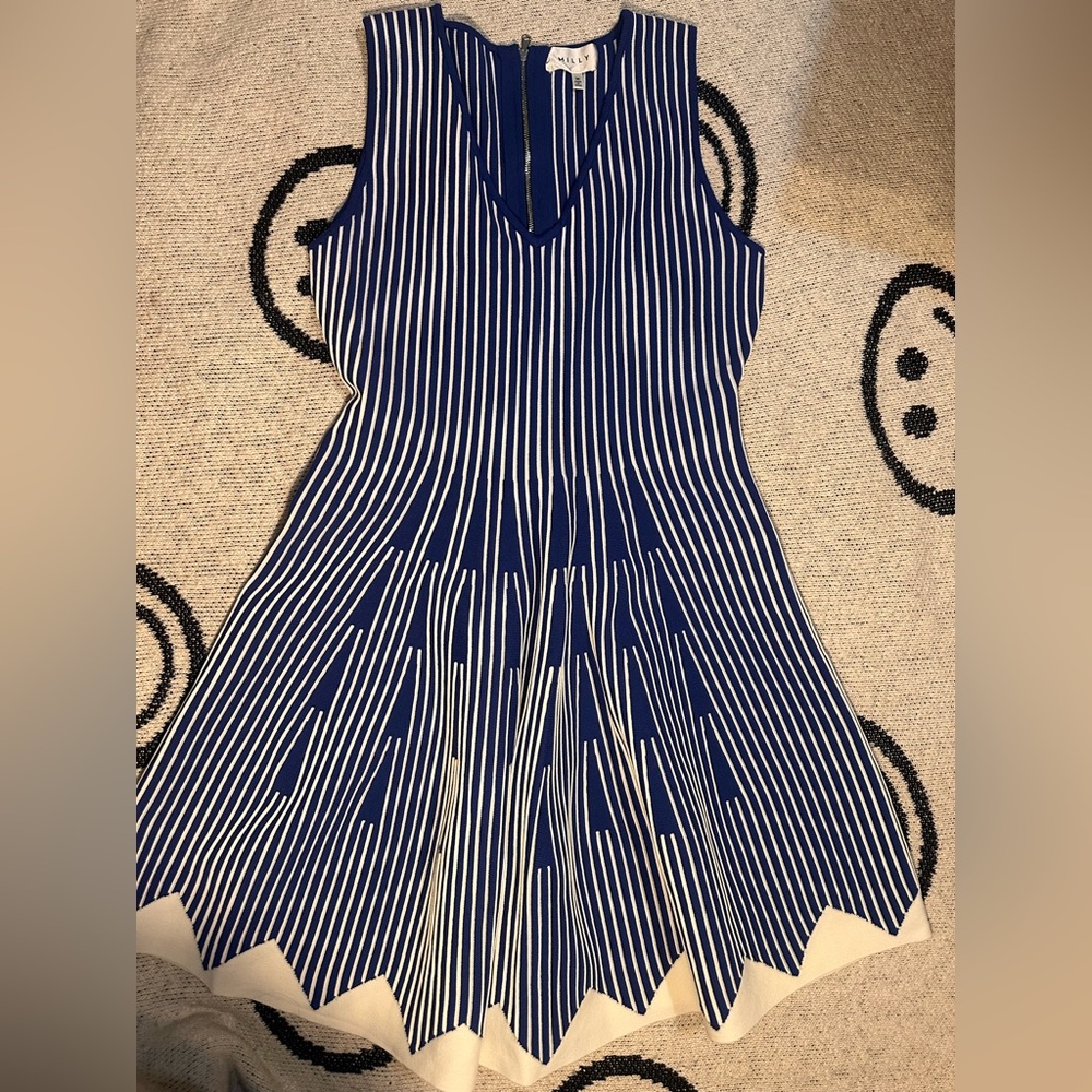 Milly Blue and White Striped Midi Dress